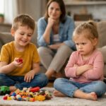 Zwei Kinder streiten über Spielzeug während ein Elternteil den Konflikt ruhig begleitet