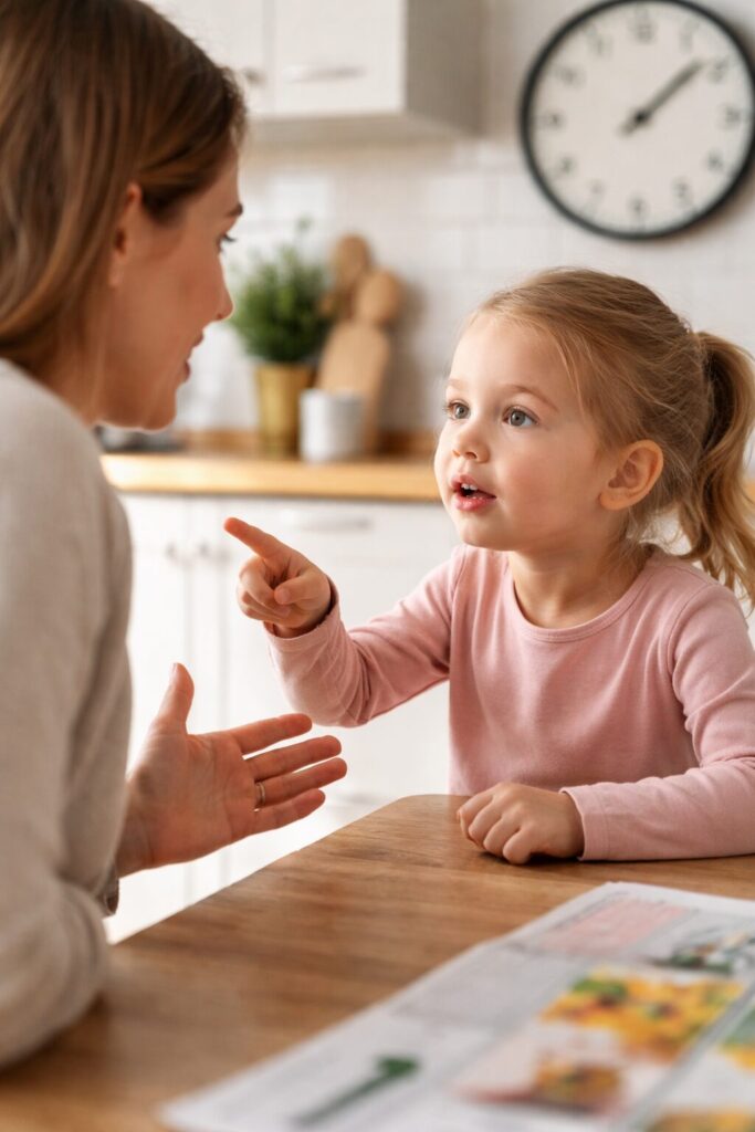 Kind diskutiert mit Erwachsenem über Uhrzeit im Familienalltag