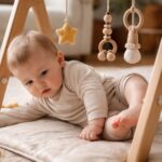 Baby unter Spielbogen versucht sich konzentriert selbst aus einer unbequemen Lage zu befreien