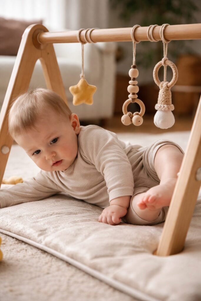 Baby unter Spielbogen versucht sich konzentriert selbst aus einer unbequemen Lage zu befreien